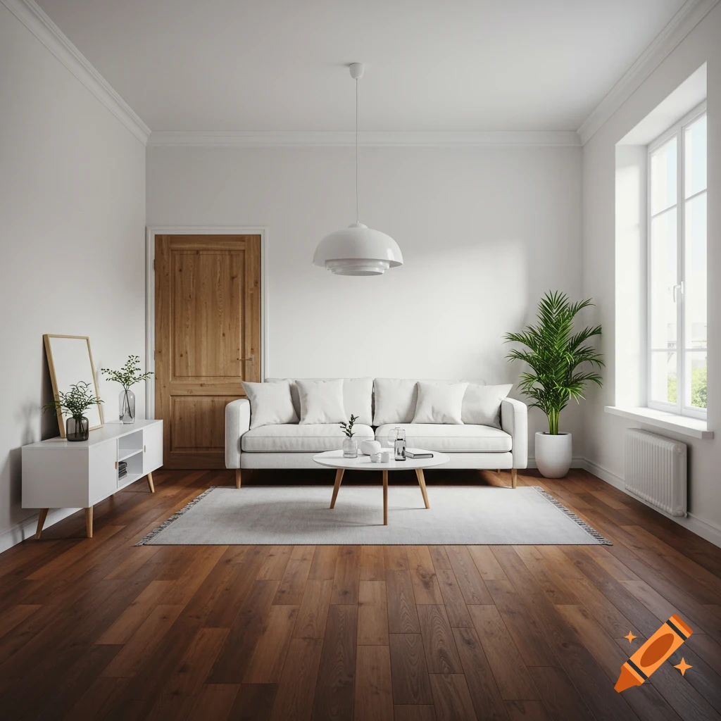 Minimalist modern white living room with sofa, furniture, wood floor, window, and plant.