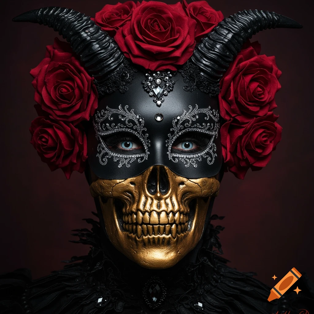 Person wearing a black and gold skull mask with horns and red roses around the forehead.