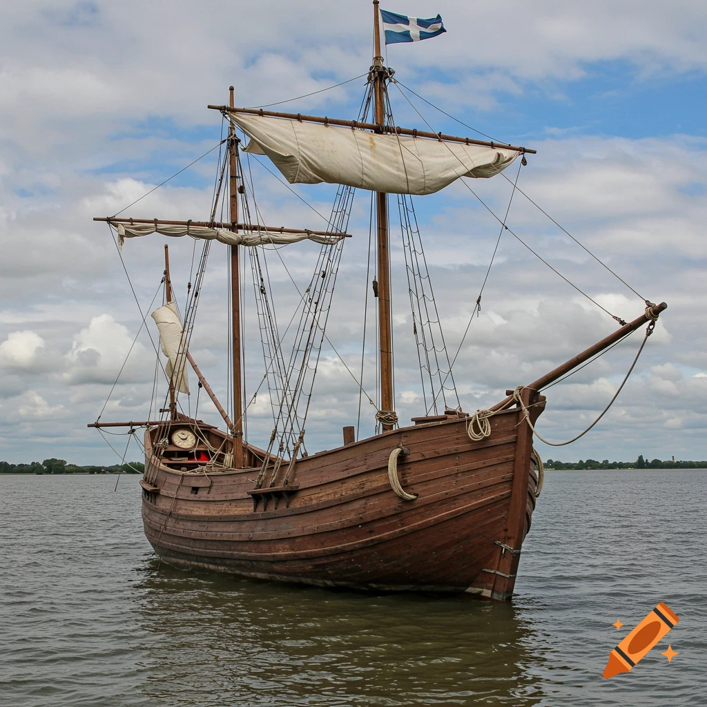 An old wooden sailing ship sits on calm water under a cloudy sky.