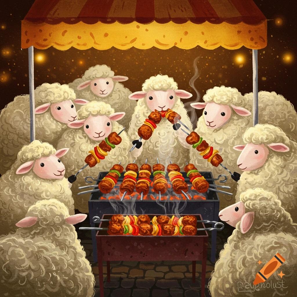 Sheep cooking and eating kebabs at a food stall