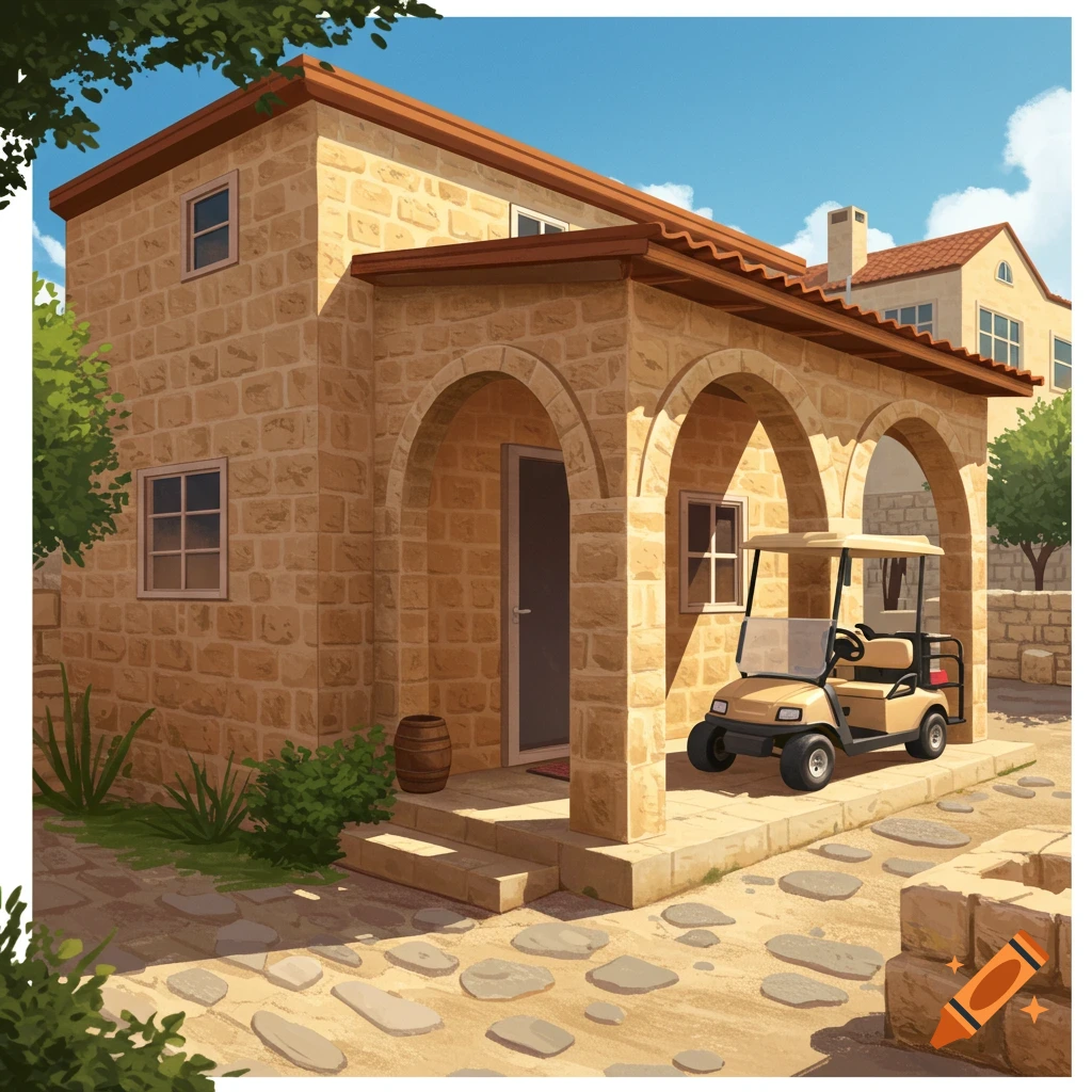 A stone house with arches and a porch, and a golf cart parked outside on a sunny day.