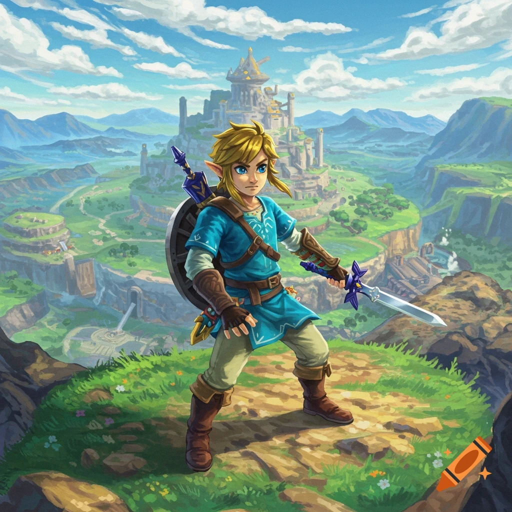 Link stands on a rocky hill overlooking a vast green landscape with mountains and a castle in the distance.
