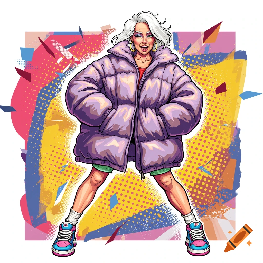 An older woman in a purple puffer jacket, green shorts, and sneakers stands in front of a colorful abstract background.
