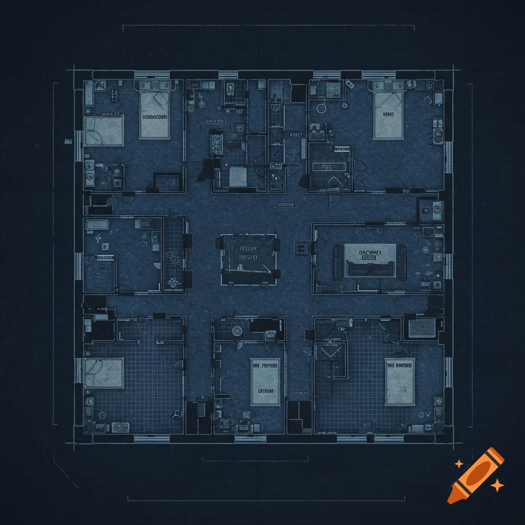 A detailed blueprint floor plan of a large building with labeled rooms and a grid.