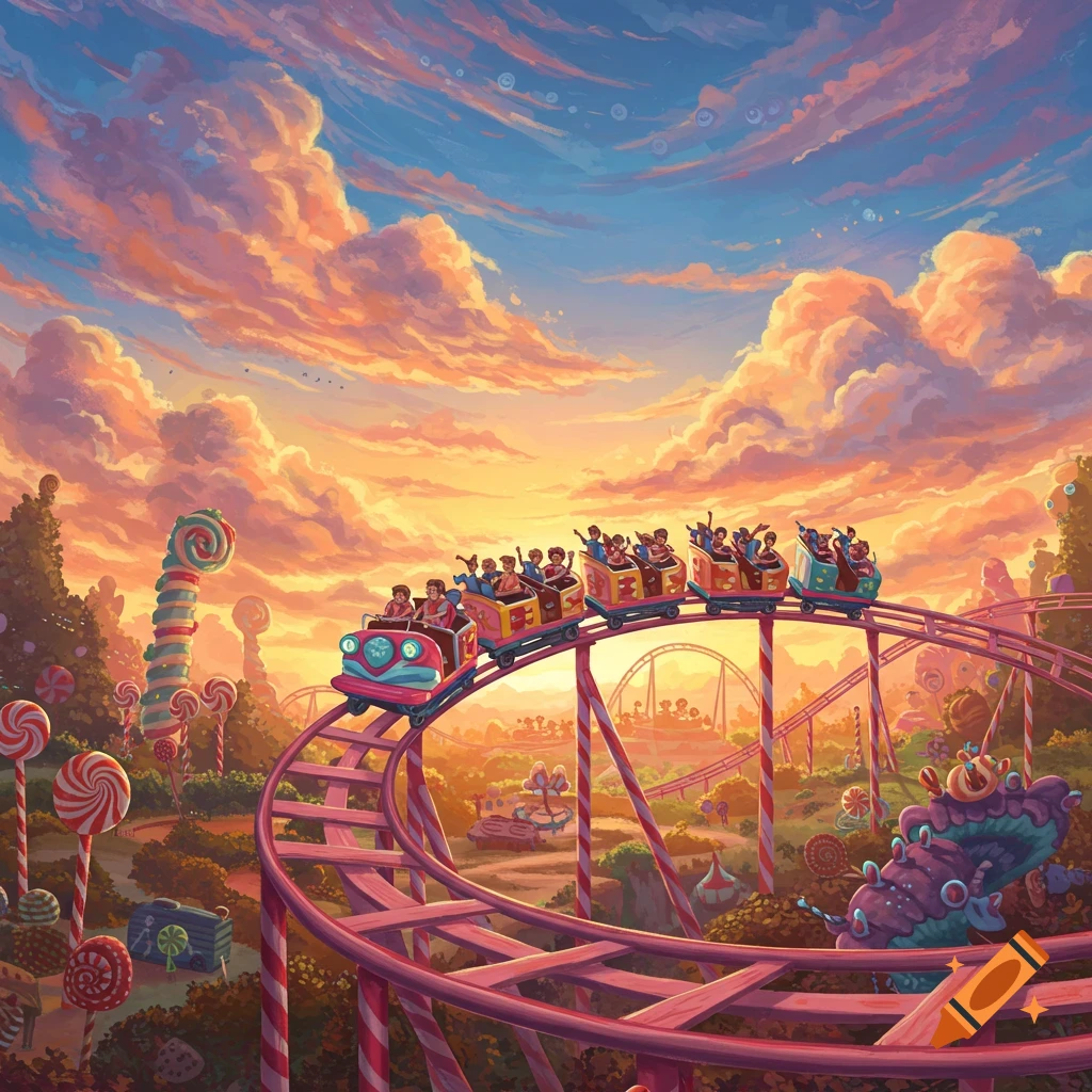 A roller coaster in a candy land amusement park at sunset.