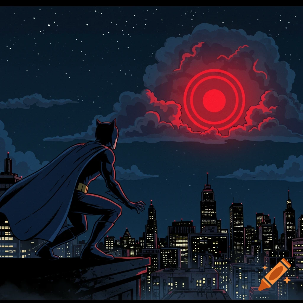 Comic book art of a superhero on a city rooftop at night, looking at a red signal in the clouds.