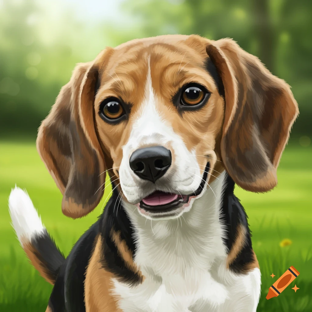 A beagle dog sitting in grass.