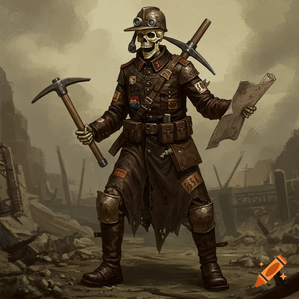 A skeleton in a military-style miner's uniform holding a pickaxe, shovel, and map in a ruined area.