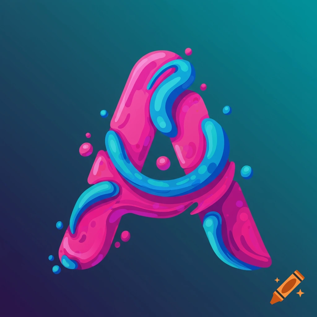Stylized letter A in pink and blue liquid shapes on a gradient background.
