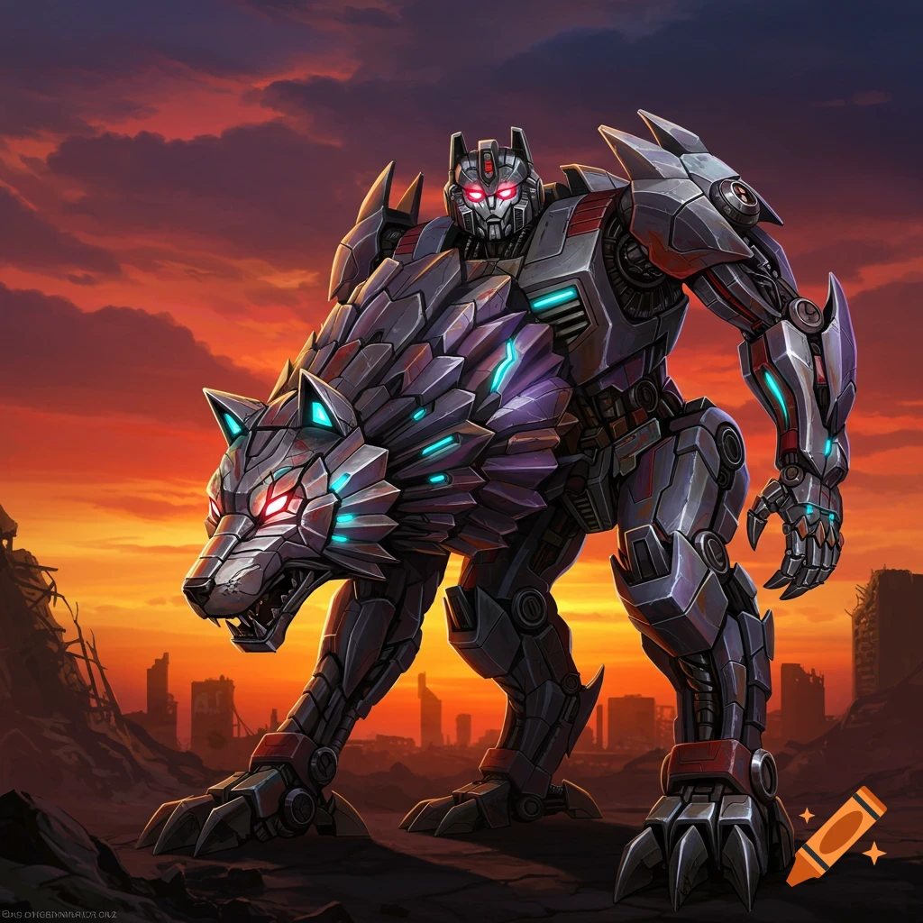 A robotic transformer merged with a wolf stands in a destroyed city at sunset, digital art.