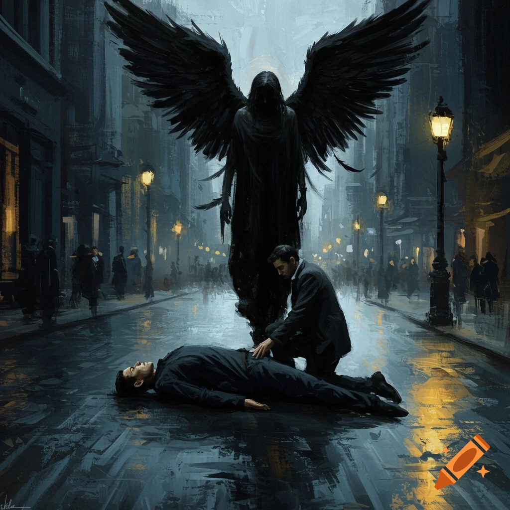 Abstract painting of a dark angel hovering over a man kneeling beside another on a rainy city street.
