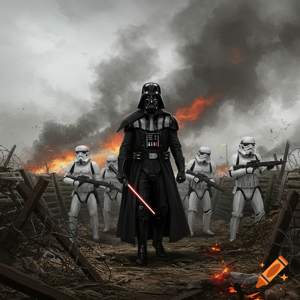 Darth Vader and Stormtroopers are in a WWI-style trench battle with explosions and smoke.
