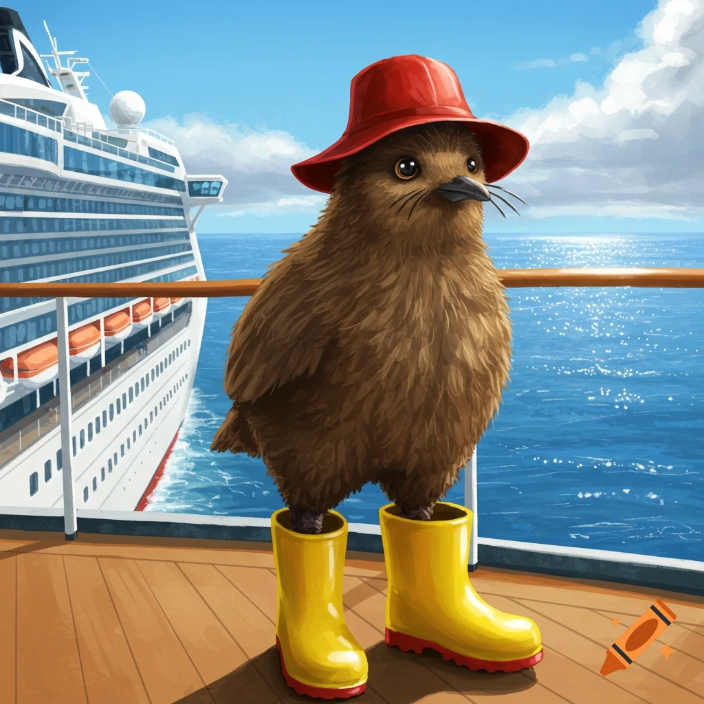 A cute kiwi bird wearing a red hat and yellow rain boots stands on the deck of a cruise ship.