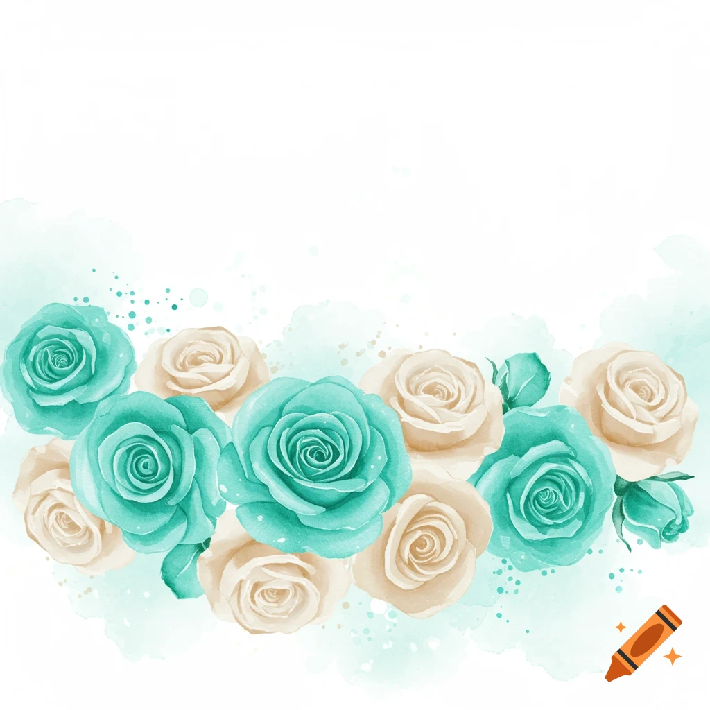 Watercolor border of turquoise and ivory roses.