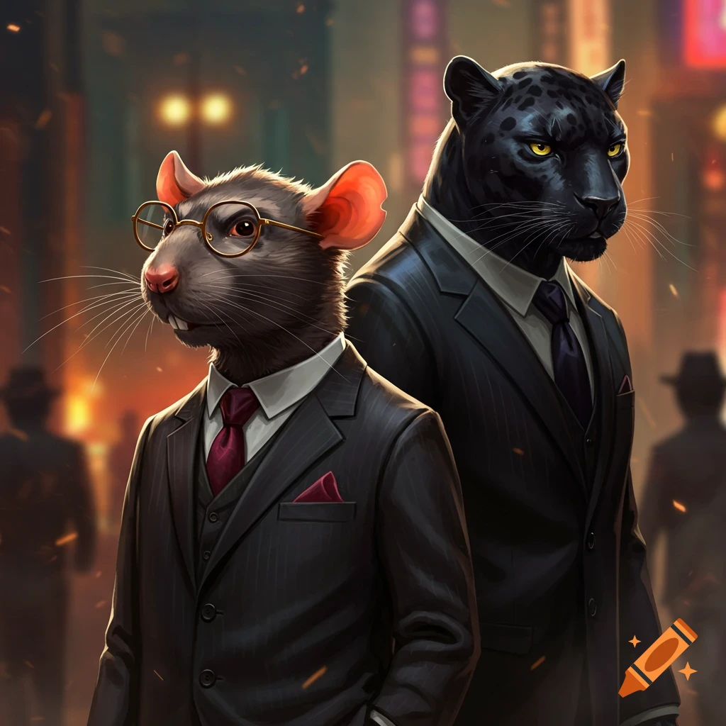 A rat in a suit and glasses stands next to a black panther in a suit on a city street at night.