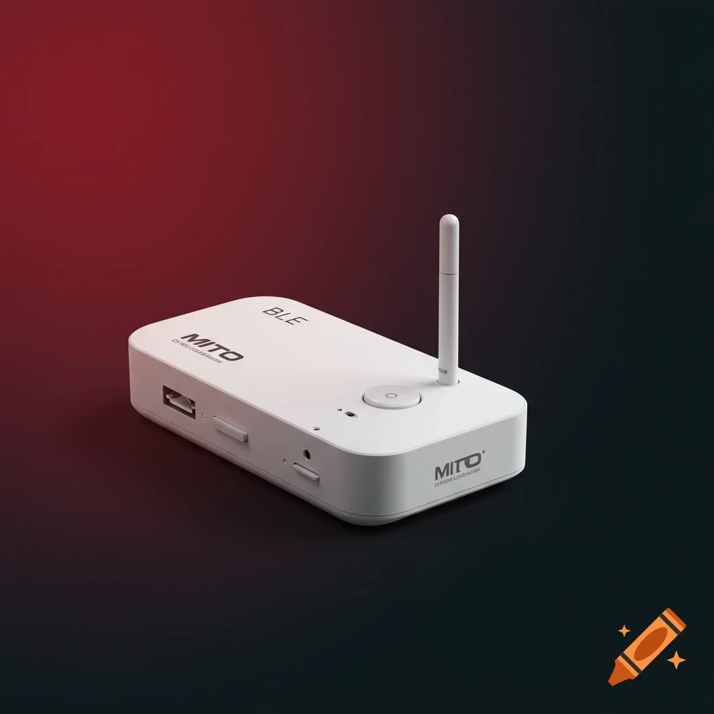A white electronic device with ports and an antenna on a dark background.