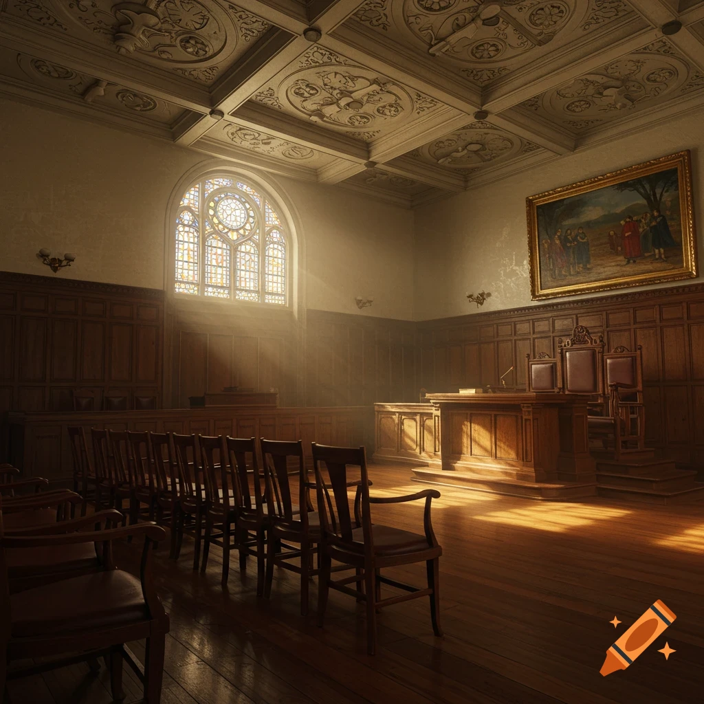 A courtroom interior featuring a stained glass window and wooden furniture.