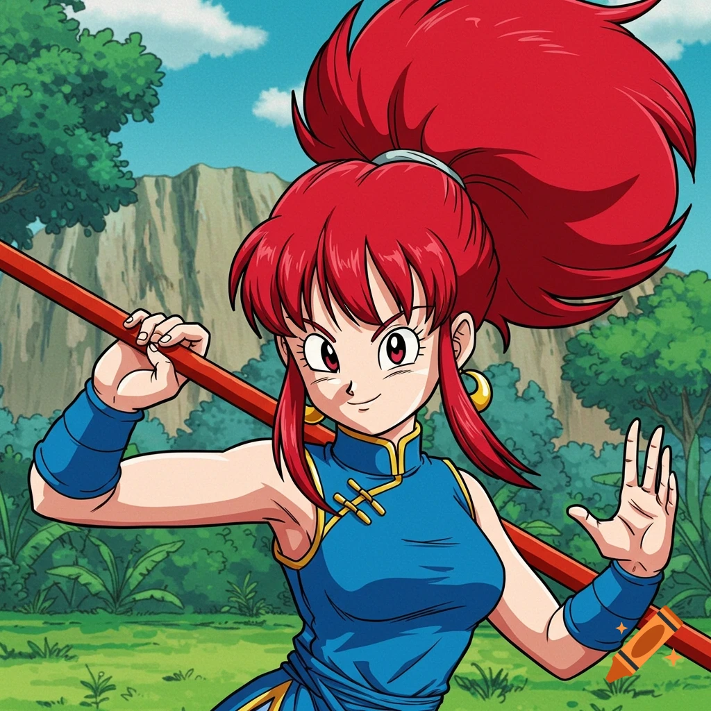 Anime character Chi-Chi from Dragon Ball Z holding a staff in an outdoor setting.