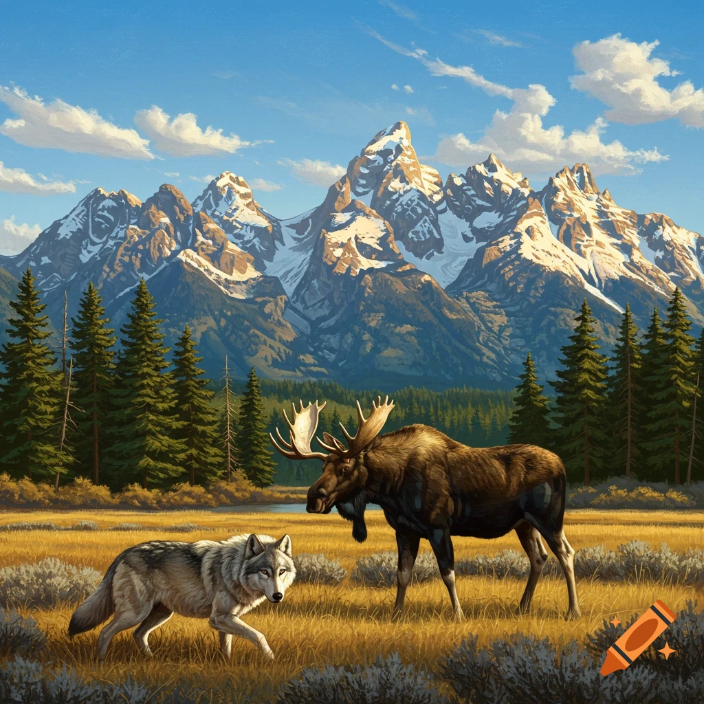 A wolf walks towards a moose in a sunlit field with mountains in the background.