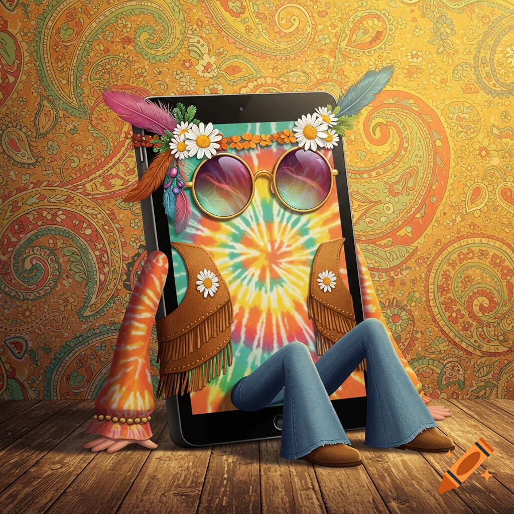 Digital illustration of an iPad dressed as a hippie character with tie-dye, glasses, and headband.