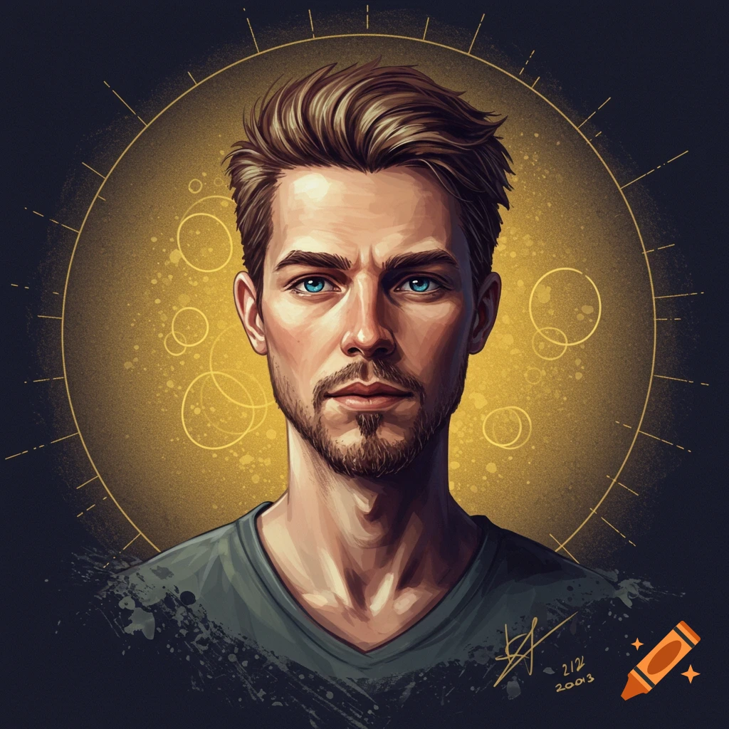 A portrait of a man with blue eyes against a golden abstract background