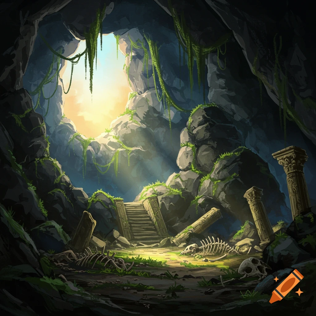 A fantasy cave scene with a large opening letting in sunlight, revealing ruins, skeletons, rocks, and vines.