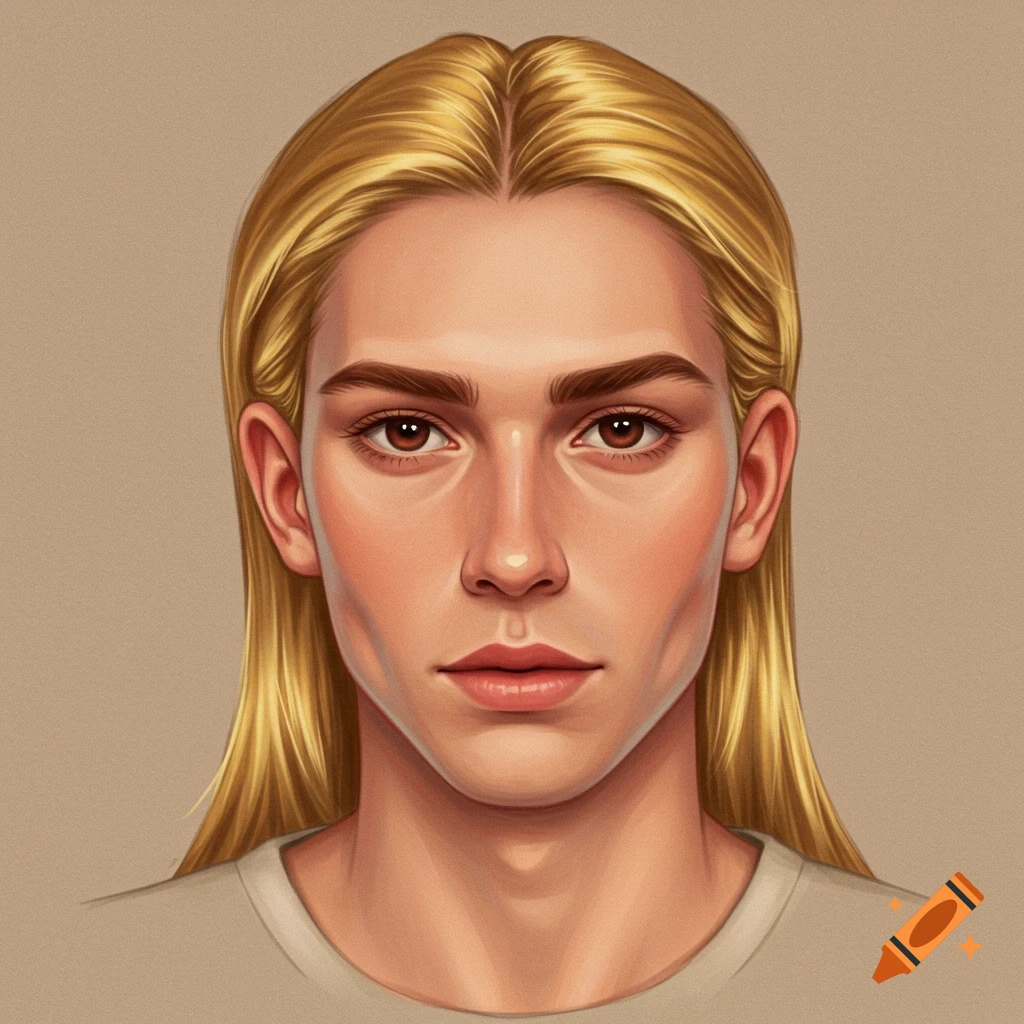 Portrait of a person with long blond hair and brown eyes.