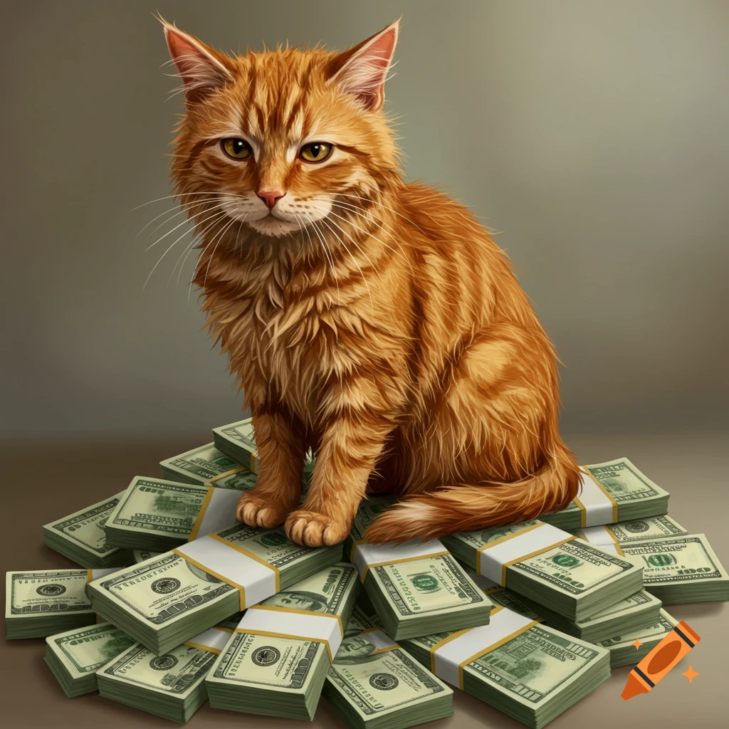 An orange tabby cat sits atop a large pile of stacks of hundred dollar bills.