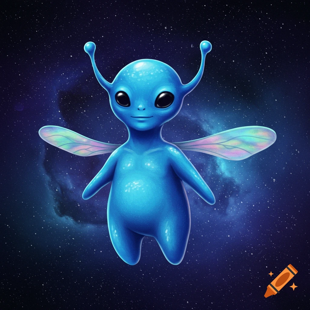 A cute blue alien with wings floats in space.