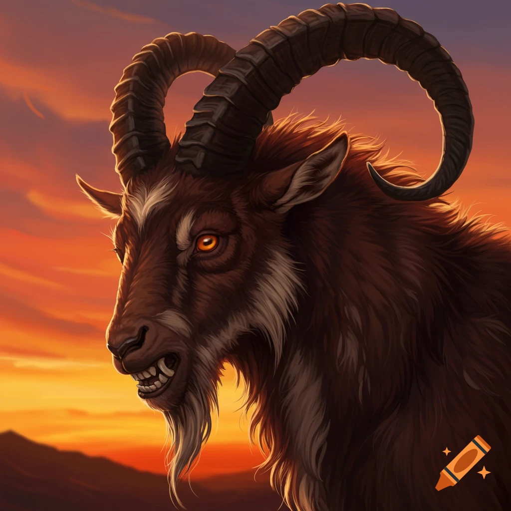 A fierce goat with large horns against a sunset sky.