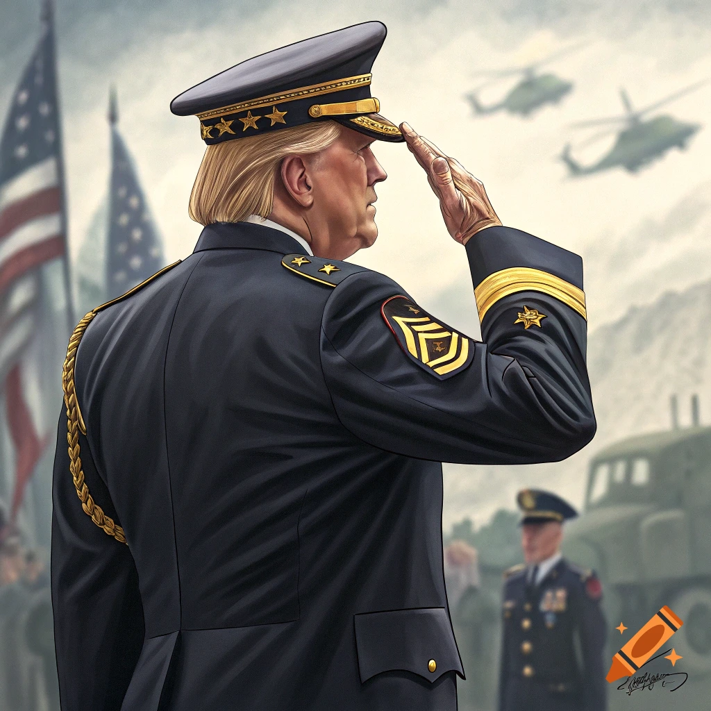Illustration of Donald Trump in military uniform saluting, with flags and helicopters in the background.