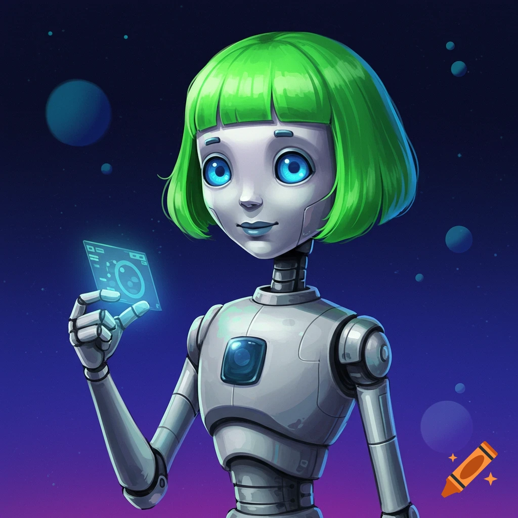 A friendly robot with green hair holding a screen in space.