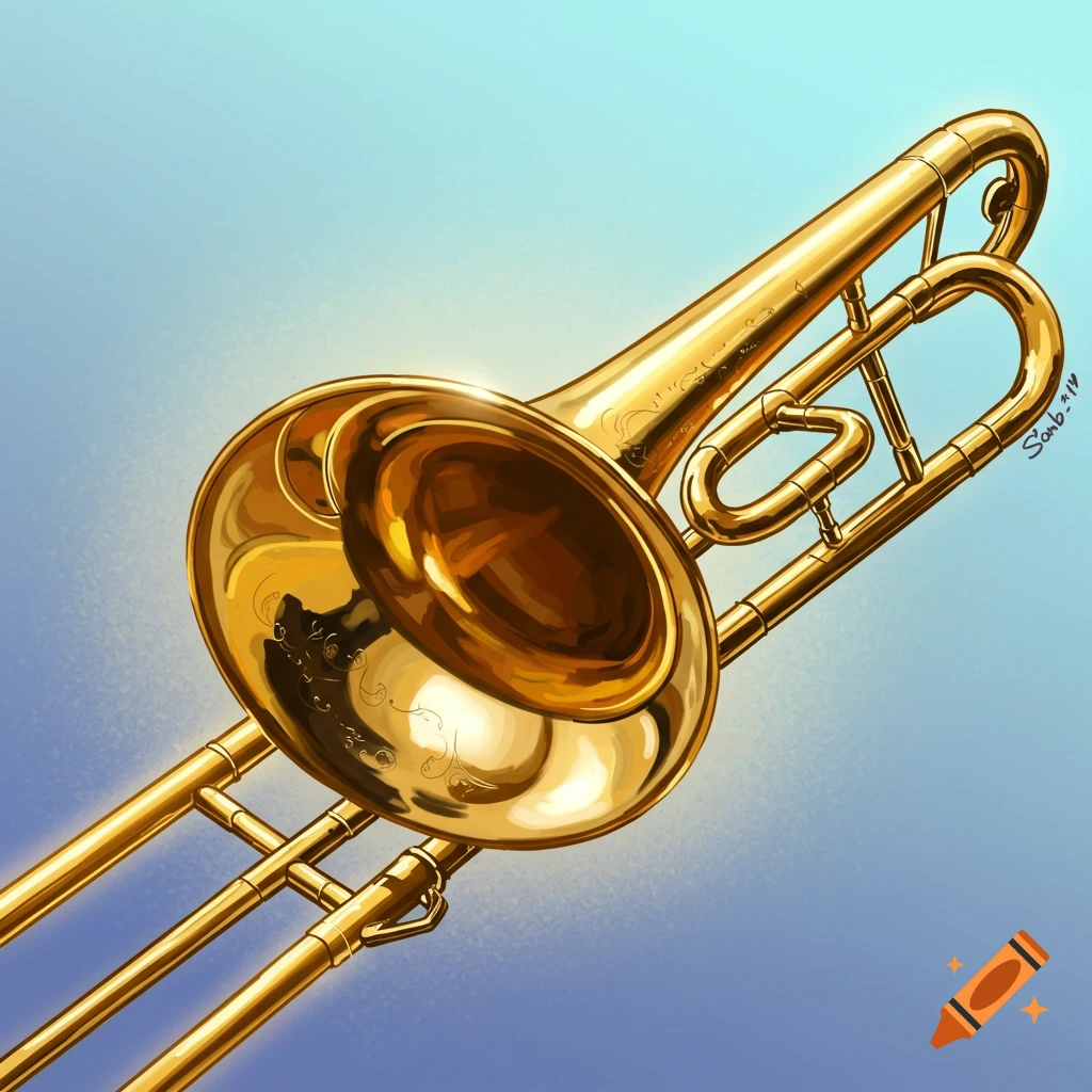 A golden trombone is positioned against a blue background.