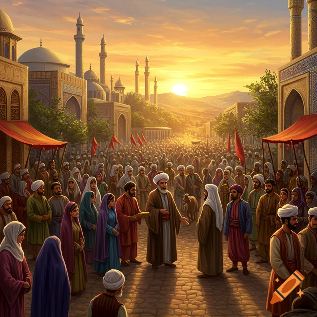 A large crowd of people gathered in an ancient city street during sunset