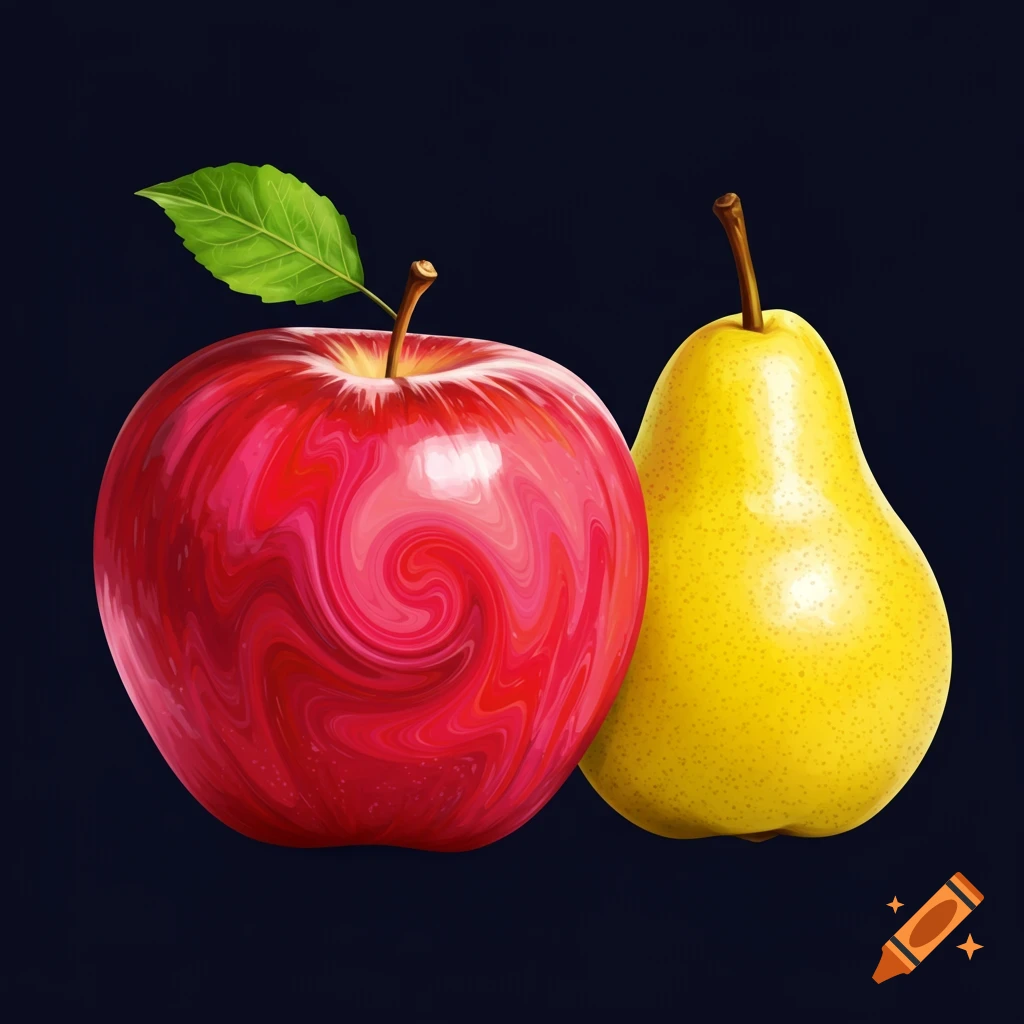 A stylized image of a red apple and a yellow pear on a dark background.