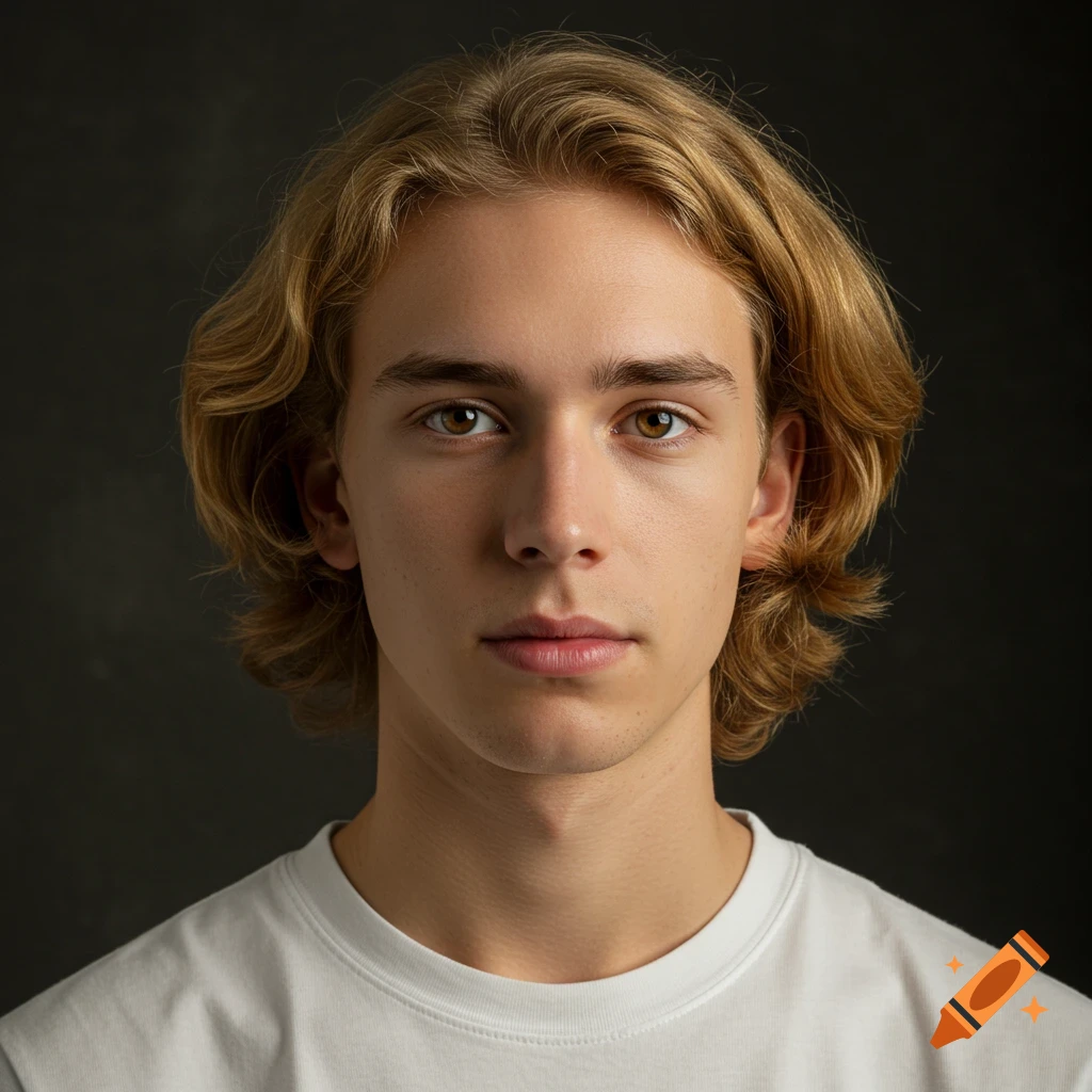 Close-up portrait of a young man with blond hair and brown eyes, wearing a white t-shirt, against a dark background.