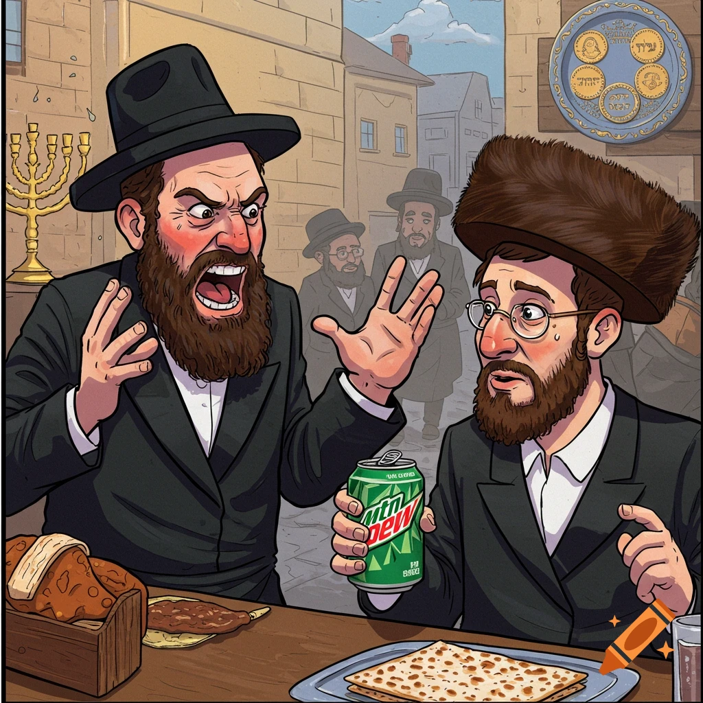 Cartoon illustration of two men in traditional Jewish clothing arguing at a table with food and a soda can.