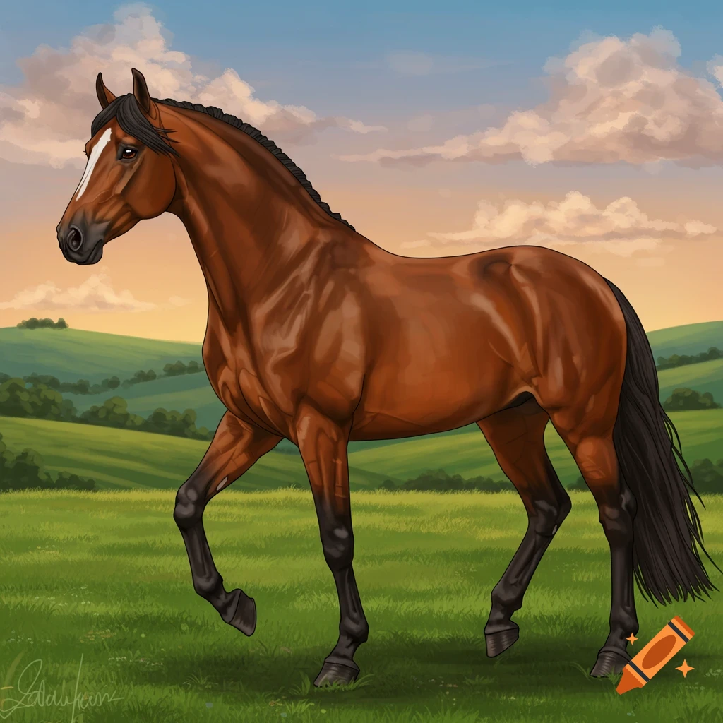 A brown horse stands in a green field under a cloudy sky.