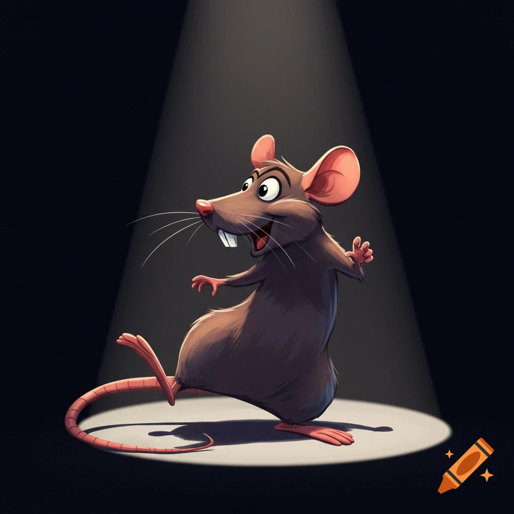 A cartoon rat stands under a bright spotlight on a dark stage.