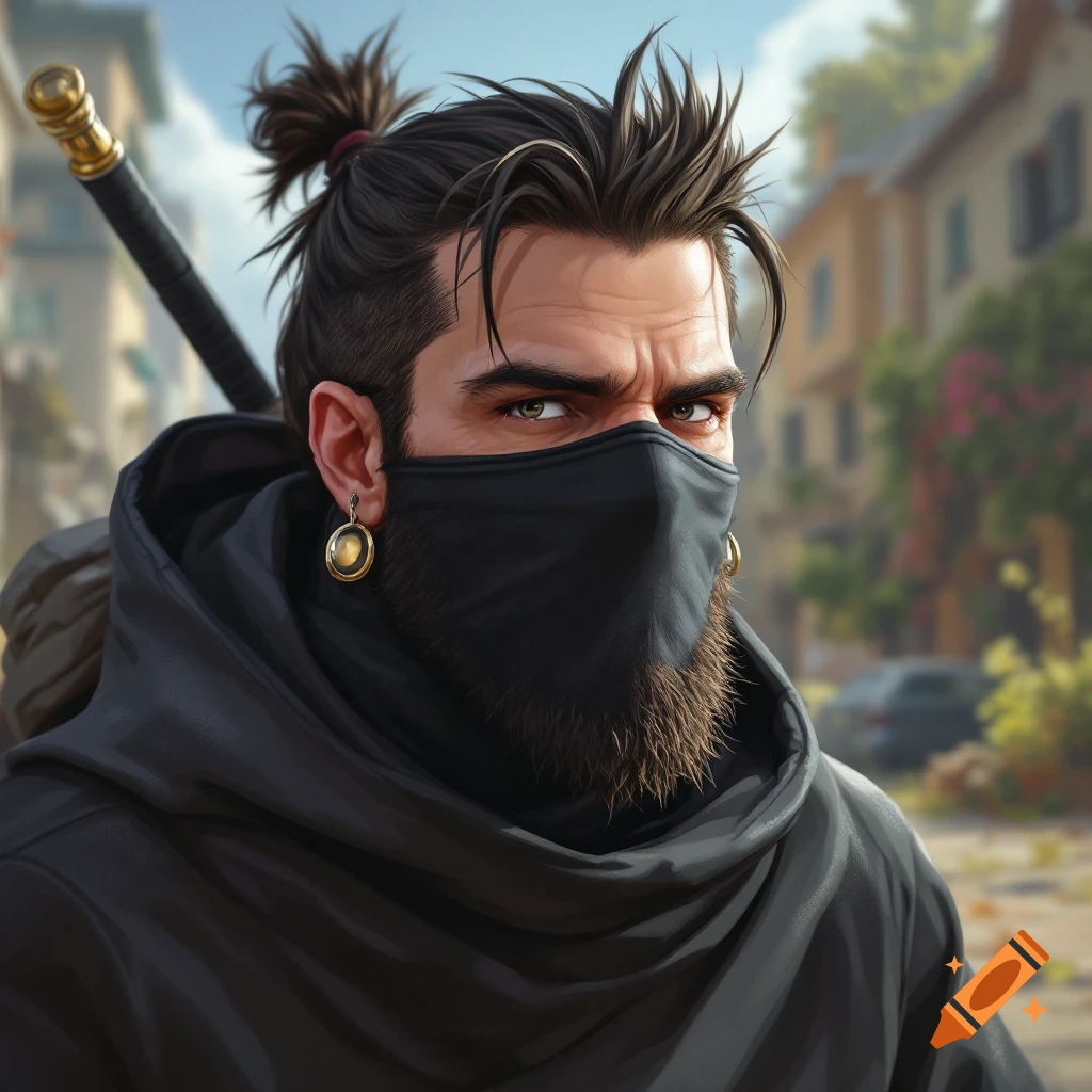 A masked man with a top knot and sword is in an urban setting.