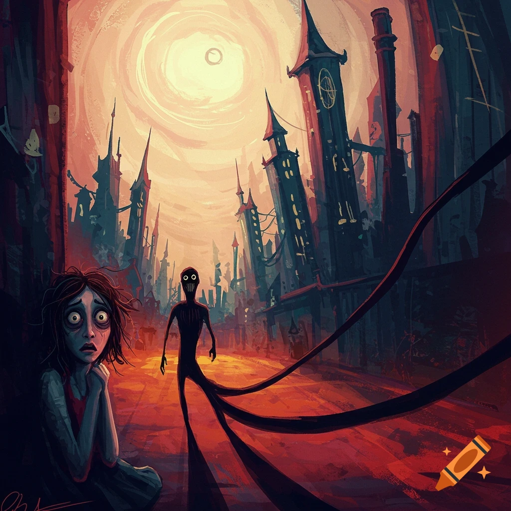 A frightened person faces a shadow creature in a twisted city.