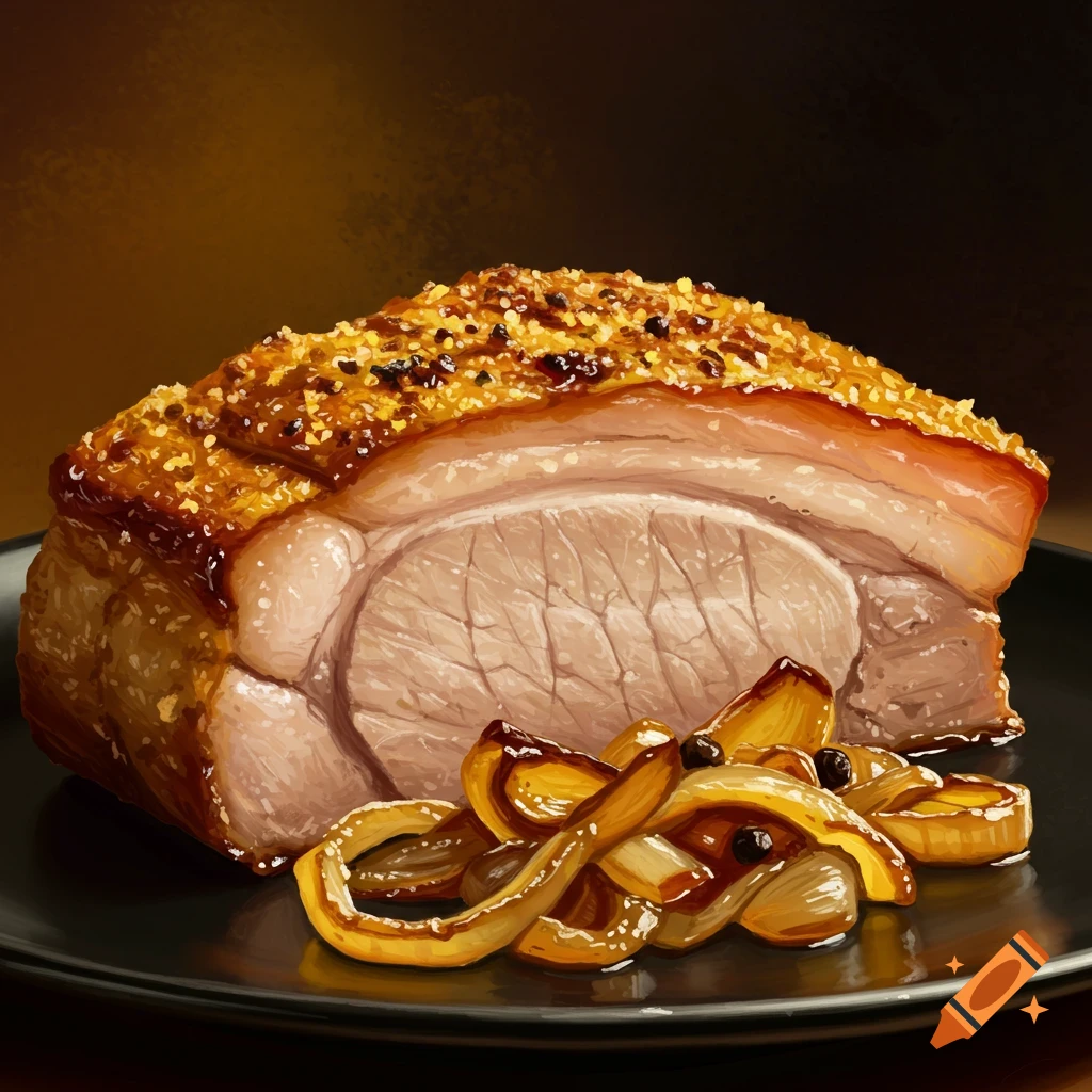 Crispy pork roast with caramelized onions on a black plate.