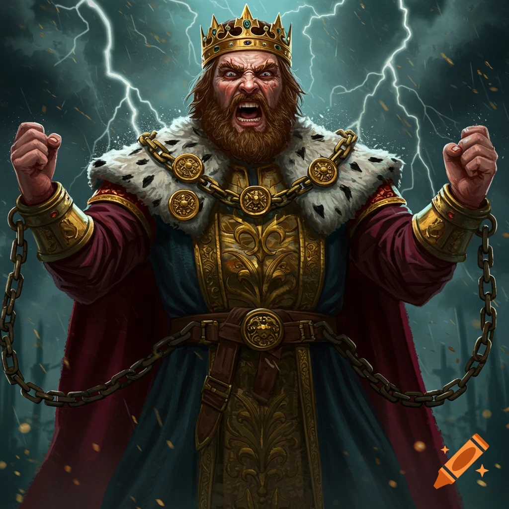 An angry king in a crown and chains, yelling, with lightning in the background.