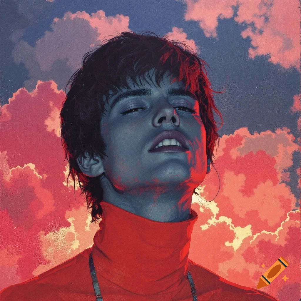 Dramatic image of a person in a red turtleneck looking up against a vibrant cloudy sky.