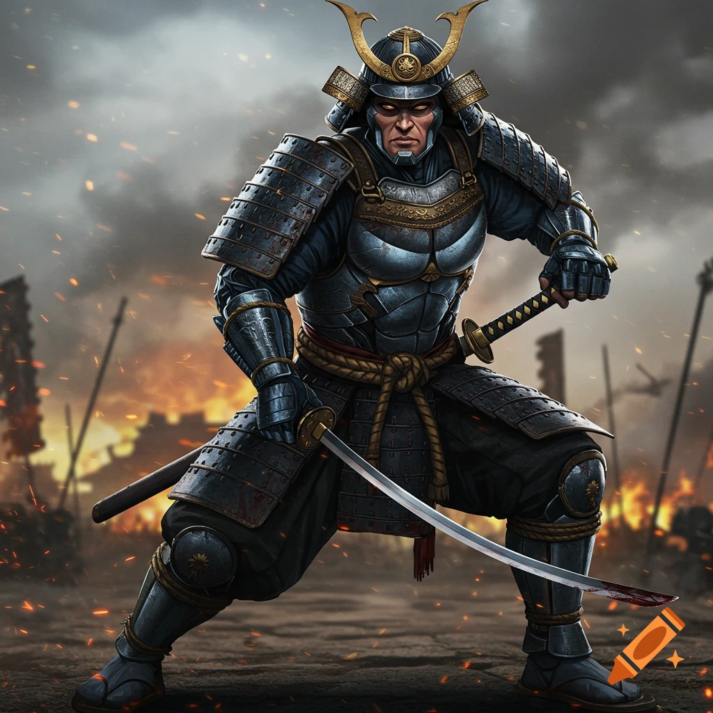 Realistic illustration of a samurai warrior in dark armor kneeling on a battlefield, holding two swords.