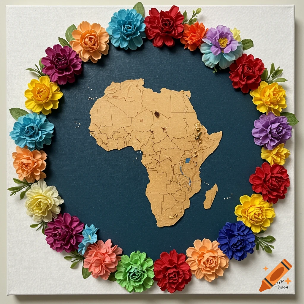 A canvas art piece with a wooden map of Africa in the center, surrounded by a circle of colorful artificial flowers.