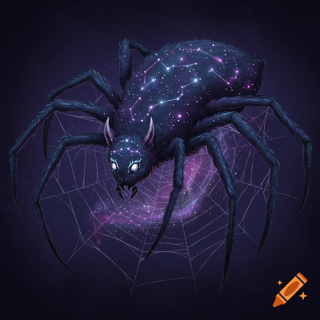 A dark fantasy spider with constellations on its body sitting on a galaxy web.