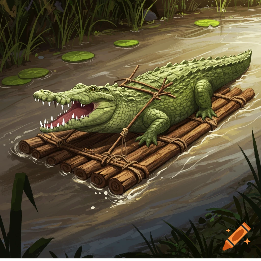 A stylized green crocodile on a log raft in a river.