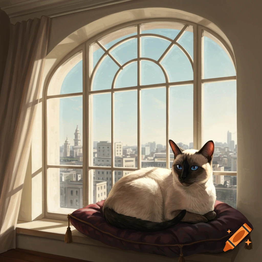 A Siamese cat sits on a cushion in a large arched window overlooking a city.