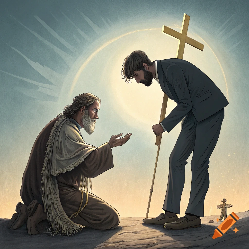 A figure in a suit holding a cross stands over a figure kneeling in robes, with a bright light behind them.